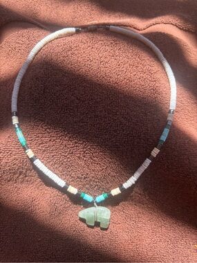 Handmade Green Bear Pendant Beaded Necklace - White & Turquoise